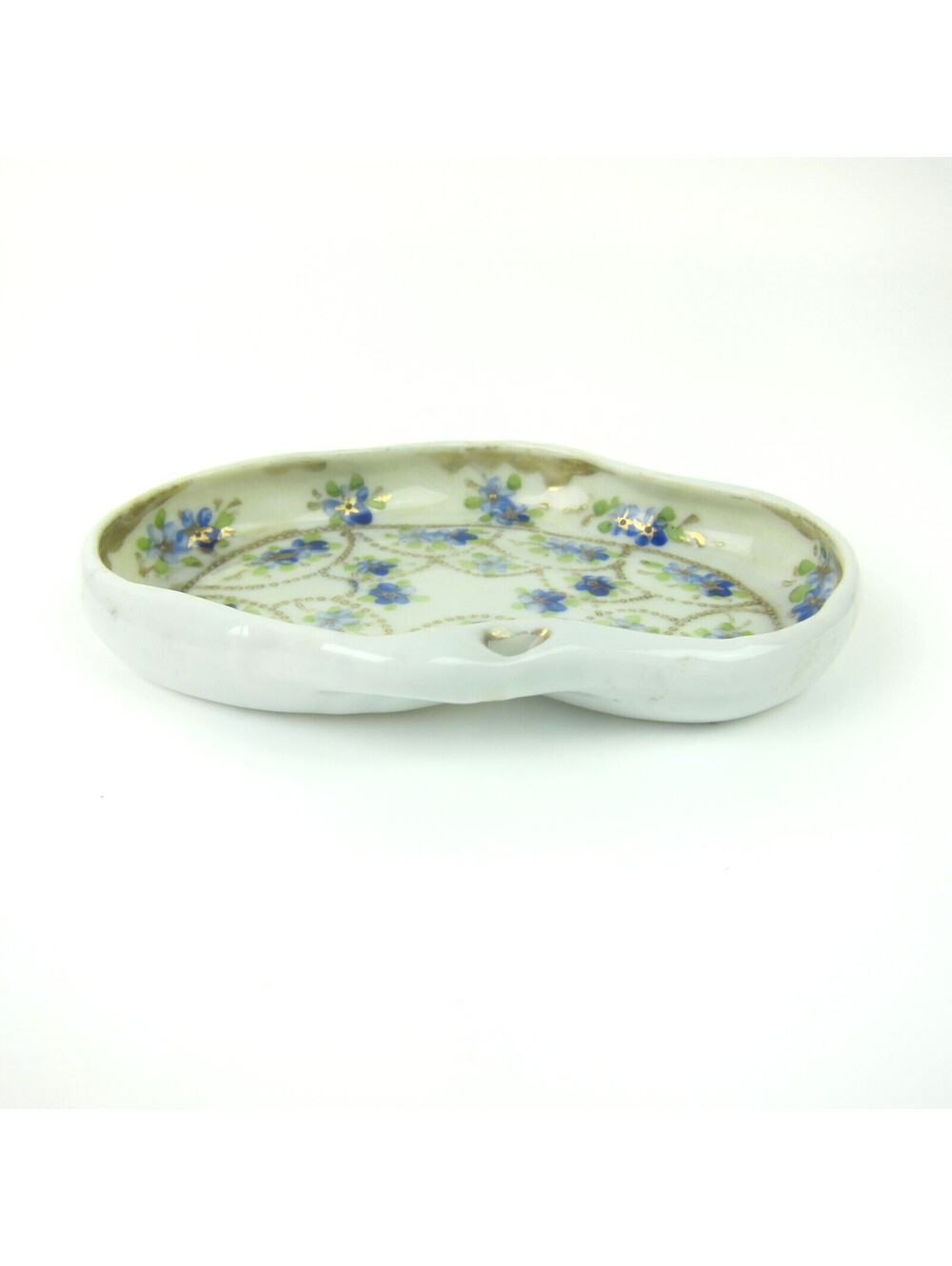 Antique Porcelain Dish Hand Painted Blue Flowers Green Gold Accents Japan Mikado - Picture 6 of 13